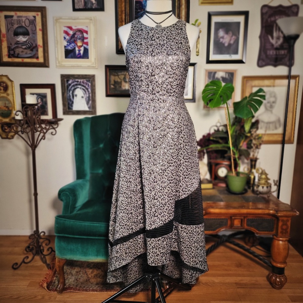 Sachin & Babi Dress Metallic Leopard Silver Black High Low Cocktail Party Gown